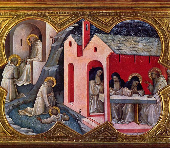 Lorenzo Monaco (c. 1370-1423), Coronation of the Virgin, predella: Saint Benedict & Saint Scholastica and Maurus Saving Placid