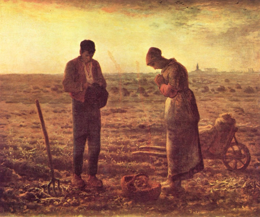 "The Angelus" by Jean-Francois Millet.  You can see the church with the bell tower on the horizon.  This is how live really used to be.  Maybe someday it will be like this again.  After the counterrevolution....