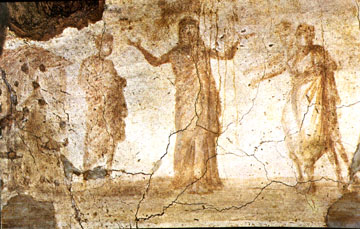 Susanna and the two dirty old men from the Catacombs of Priscilla in Rome from the second-half of the second century.  For those of you in Yorba Linda, that is within the years ARSH 150-199, so, you know, totally modern.