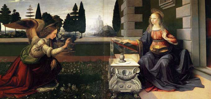 The Annunciation, Leonardo da Vinci and Andrea del Verrocchio, ARSH 1472-1475, Uffizi Gallery, Florence